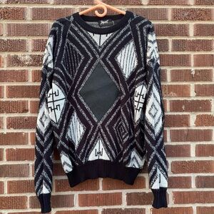 Vintage Impact Campus Sweater Mens Large Black 1980s Argyle Diamond Acrylic